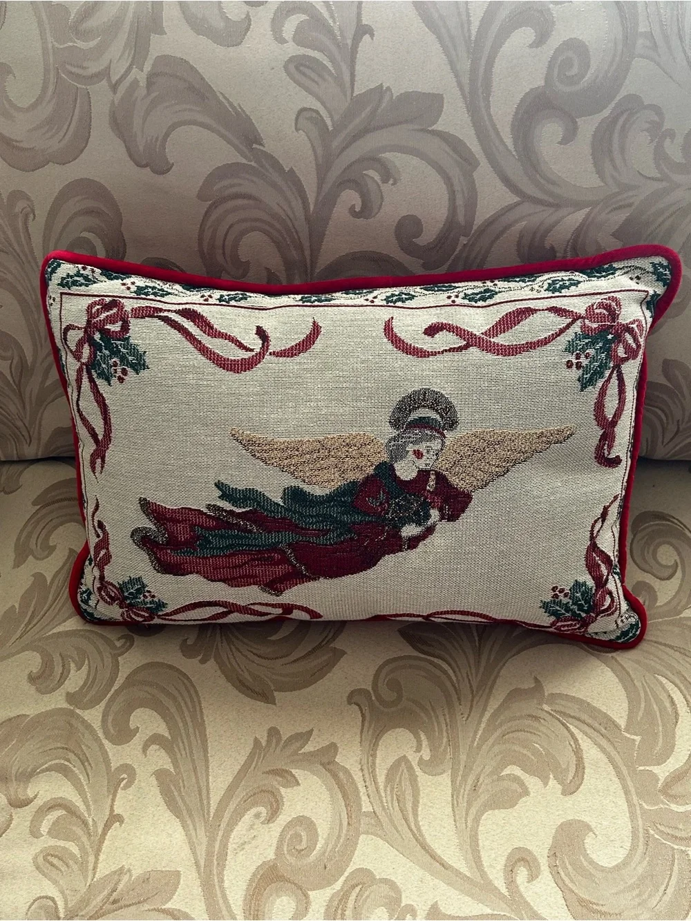 Needlepoint Tapestry Angel Christmas Throw Pillow Holiday Home Decor Holly Red